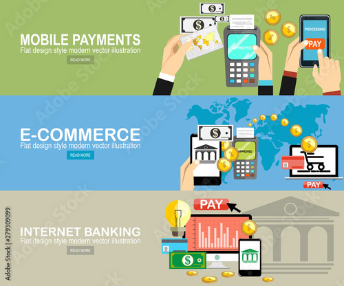 Mobile payments, pos terminal confirms the payment by smartphone around world.Vector illustration.Flat design concepts of internet banking. Vector illustration