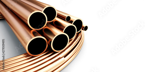 Copper metal pipes goods on white background. 3d Illustrations