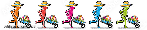 Set: Gärtner mit Strohhut, Schubkarre und Blumen in verschiedenen Farben / Schraffierte Vektor-Zeichnung