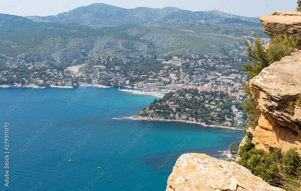 View of Cassis town, Cap Canaille rock and Mediterranean Sea from Route des Cretes mountain road, Provence, France