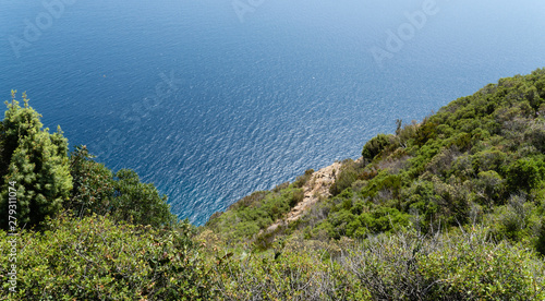 View of Cassis town, Cap Canaille rock and Mediterranean Sea from Route des Cretes mountain road, Provence, France