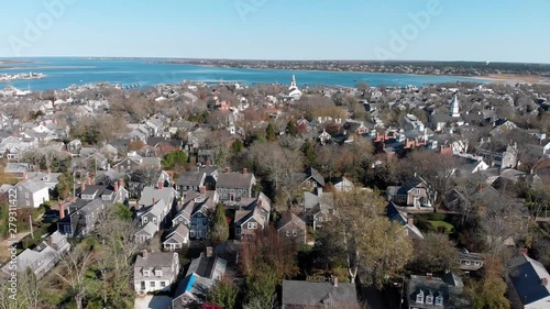 Aerial 4k Footage of Down Town of Nantucket, famous tourist attraction and Landmark of Nantucket Island, Cape Cod