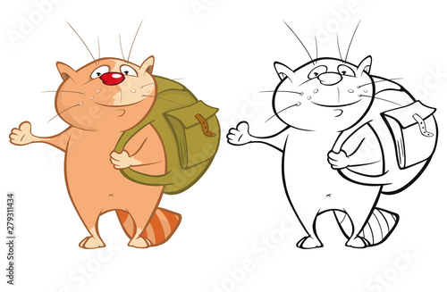 Vector Illustration of a Cute Cartoon Character Cat for you Design and Computer Game. Coloring Book Outline Set 