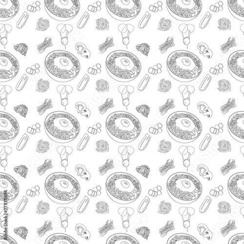 Seamless outline bibimbap pattern. Traditional Korean dish with fried egg. Ingredients for cooking. Slices of carrots, fern, breaking eggs, mushrooms, zucchini. Vector hand drawn illustration.