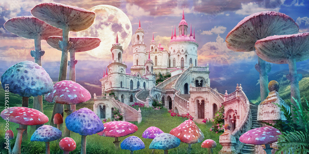 Naklejka premium fantastyczny krajobraz z grzybami. ilustracja do bajki „Alicja w Krainie Czarów”