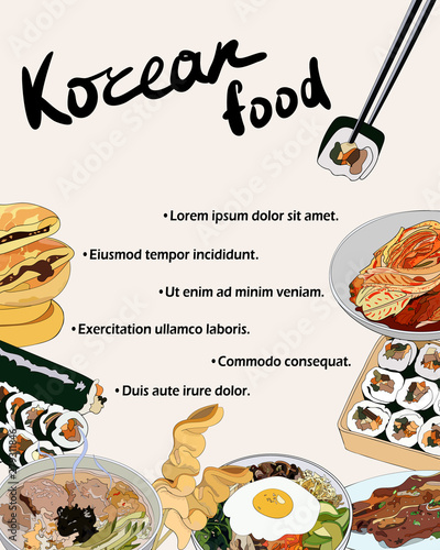 Flyer design with set of Korean dishes. Traditional Korean dishes bibimbap, hotteok, kimchi, oden, galbi-gui, guksu, gimbap. Vector hand drawn illustration.
