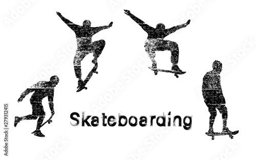 Set of black skateboarder silhouettes with white noise texture. Skate trick ollie. Skateboarder is rides, pushes off the ground, jumping, standing on the board. Isolated vector illustration.