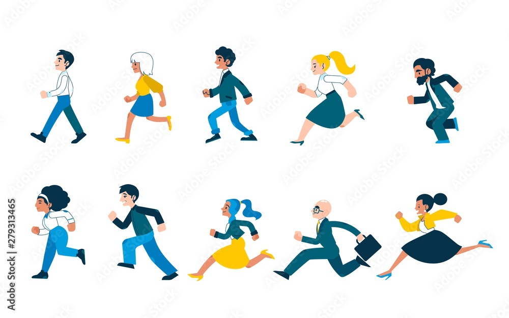 Vector illustration set of happy divercity people in casual clothing running forward.