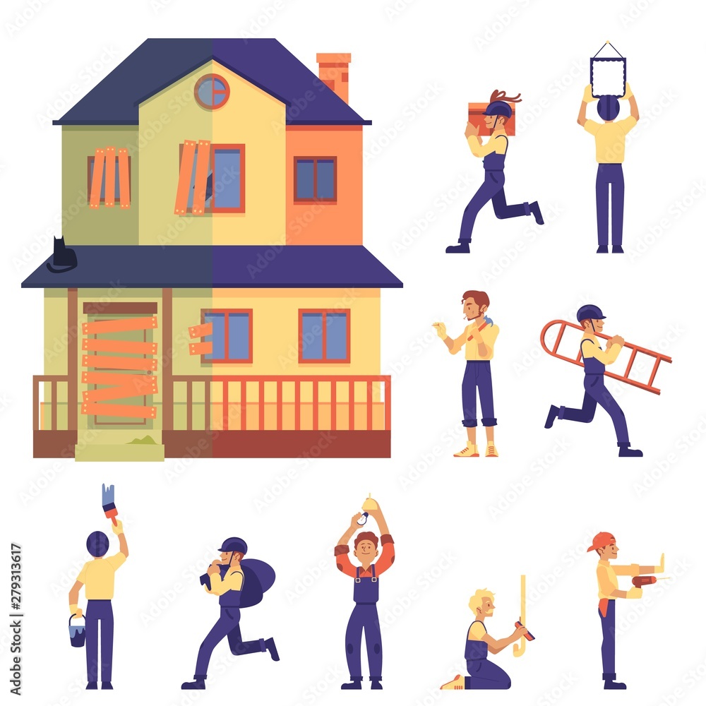 Set of home renovation with house before and after, workers and labor in flat cartoon style. Set of home renovation with house before and after, workers and labor in flat cartoon style.