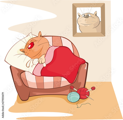 Vector Illustration of a Cute Cat. Cat Sleeping in the Room. Comics Book