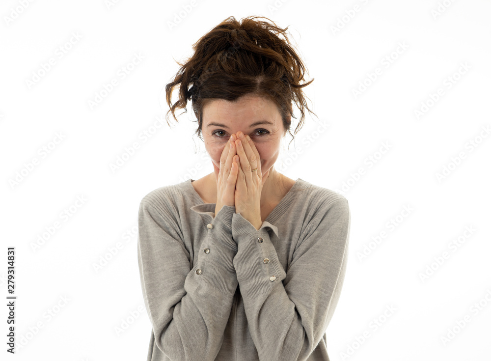 Portrait of scared and intimidated woman. Isolated on white. Human expressions and emotions Portrait of scared and intimidated woman. Isolated on white. Human expressions and emotions