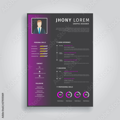 Design creative resume / vitae templates with black and purple gradients