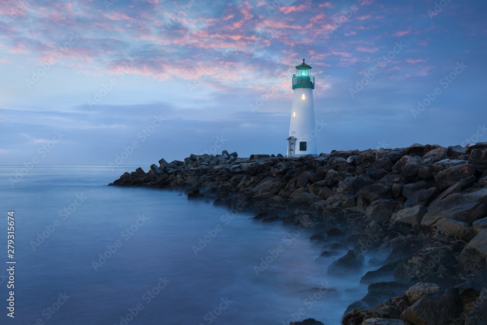 Santa Cruz Breakwater Light (Walton Lighthouse) in Santa Cruz at colorful sunrise, Pacific coast, California, USA Beautiful seascape background 