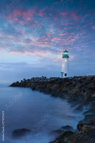Santa Cruz Breakwater Light (Walton Lighthouse) in Santa Cruz at colorful sunrise, Pacific coast, California, USA Beautiful seascape background 