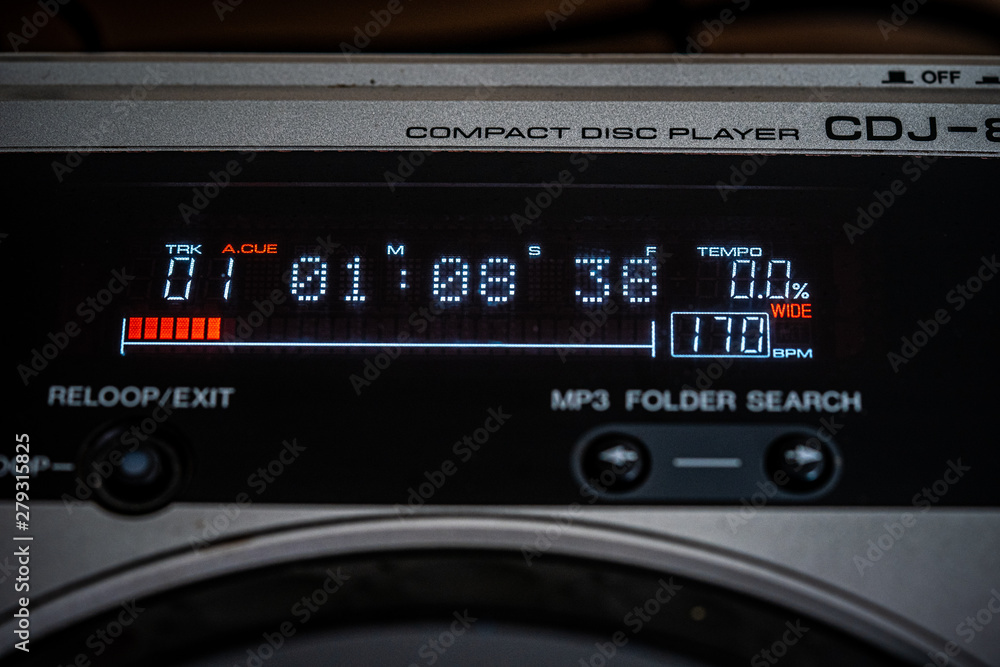 Closeup of digital LED time display on a CD Player