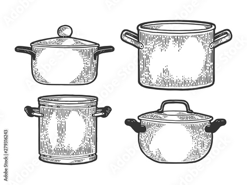Pan casserole pot set kitchen utensils sketch engraving vector illustration. Scratch board style imitation. Black and white hand drawn image.