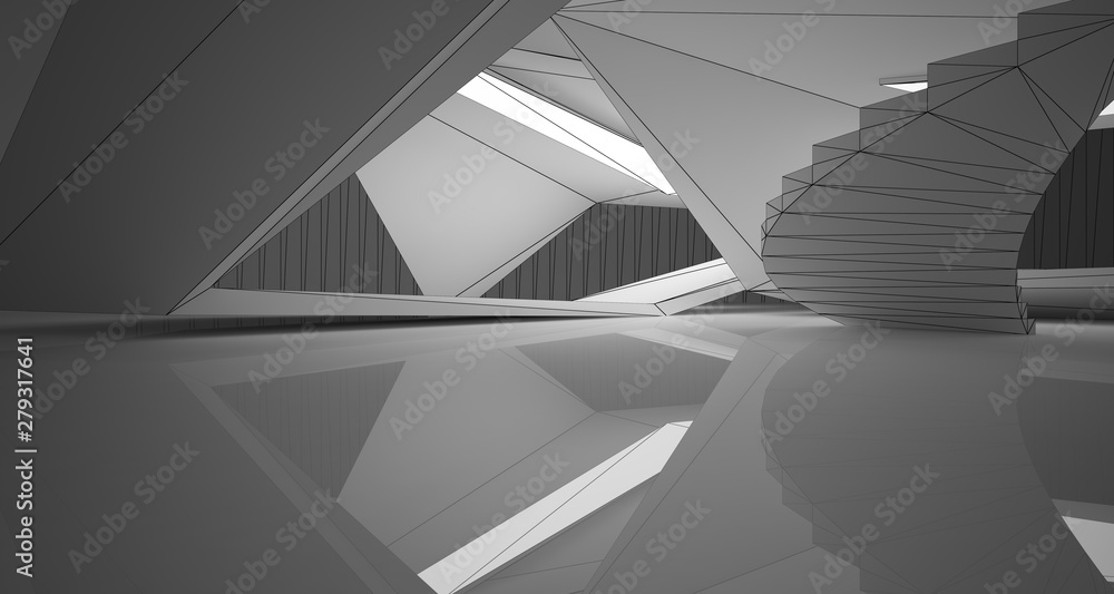 Fototapeta premium Abstract architectural white interior of a minimalist house with neon lighting. Drawing. 3D illustration and rendering.