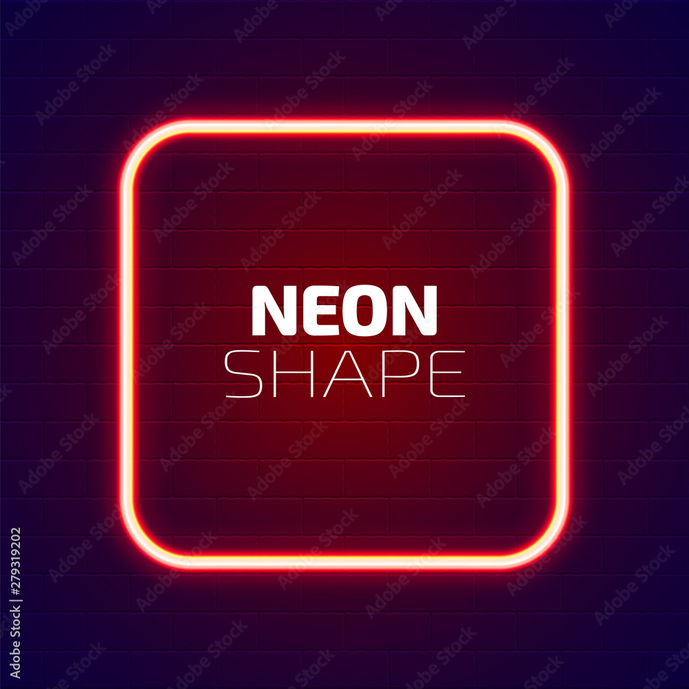Realistic 3d neon frame on brick wall background. 80s Style lamp. Glowing and shining night club sign. Red electric rectangle. Vector illustration Realistic 3d neon frame on brick wall background. 80s Style lamp. Glowing and shining night club sign. Red electric rectangle. Vector illustration