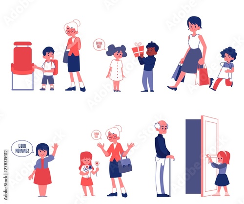 Polity and good manners set of flat vector Illustrations isolated on a white.
