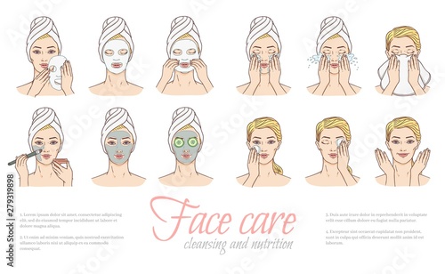Vector woman applying facial mask, face treatment