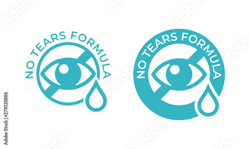 No tears formula vector icon. Kids soap free shampoo and baby skincare no tears stamp logo, eye and drop sign