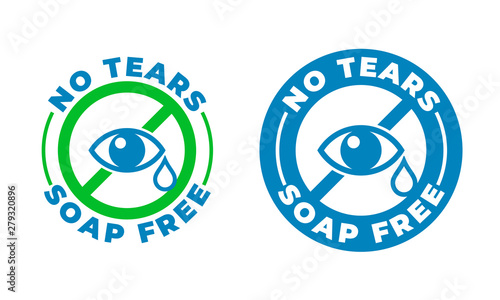 No tears formula, soap free shampoo vector icon. Kids and baby skincare no tears stamp logo, eye and drop sign