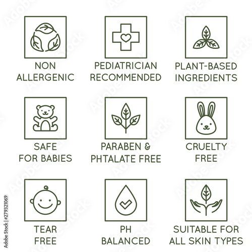 Vector set of design elements, logo design templates, icons and badges for natural and organic cosmetics and skincare for babies in trendy linear style - safe for newborns products