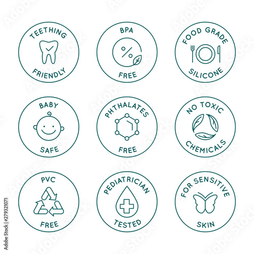 Vector set of design elements, logo design templates, icons and badges for natural and organic cosmetics in trendy linear style - safe for babies products