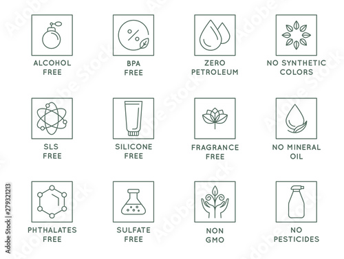 Vector set of design elements, logo design templates, icons and badges for natural and organic cosmetics packaging in trendy linear style