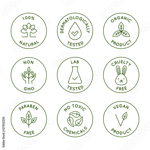Vector set of design elements, logo design templates, icons and badges for natural and organic cosmetics packaging in trendy linear style