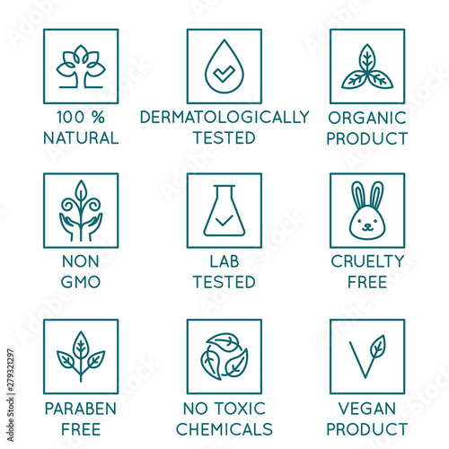 Vector set of design elements, logo design templates, icons and badges for natural and organic cosmetics packaging in trendy linear style