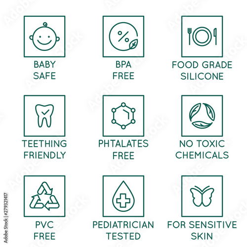 Vector set of design elements, logo design templates, icons and badges for natural and organic cosmetics in trendy linear style - safe for babies products