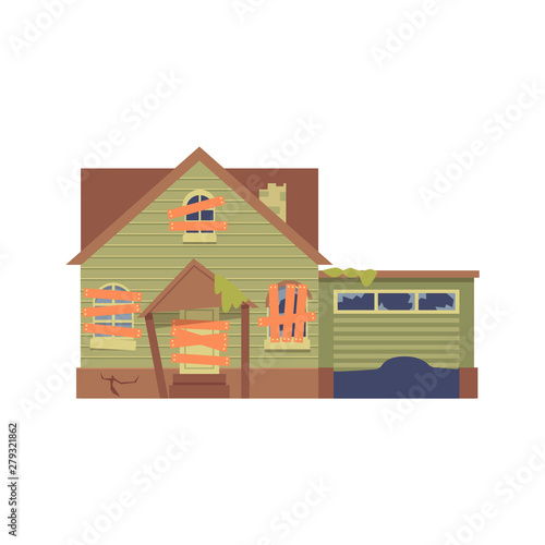 Vector old abandoned green house with a garage and boarded up windows, a door in flat cartoon style.