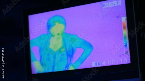 Thermographic camera view of woman. Blue, green, yellow colors show different temperatures photo