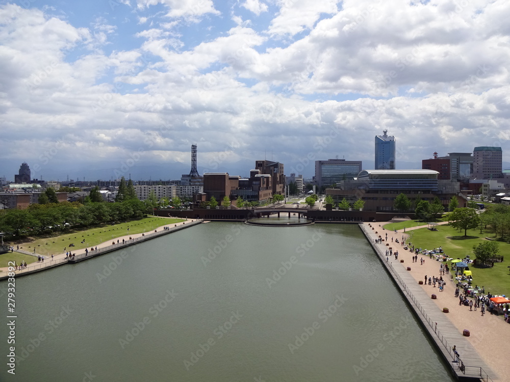 Landscape with city and canal in Toyama city, Japan