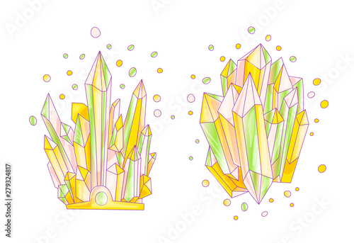 Green, pink and orange crystal, cartoon cute vector Quartz illustration. Quartz Crystal druse, pink princess grain on wihte background. Cartoon colored semiprecious stones of orange Quartz, cute