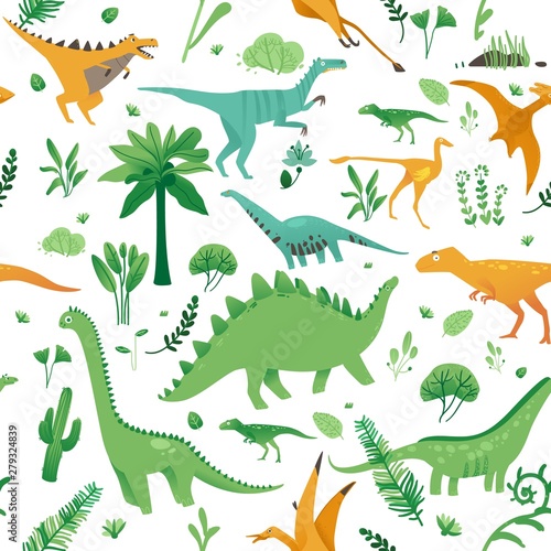 Seamless pattern with cute cartoon dinosaurs  plants and in flat style.