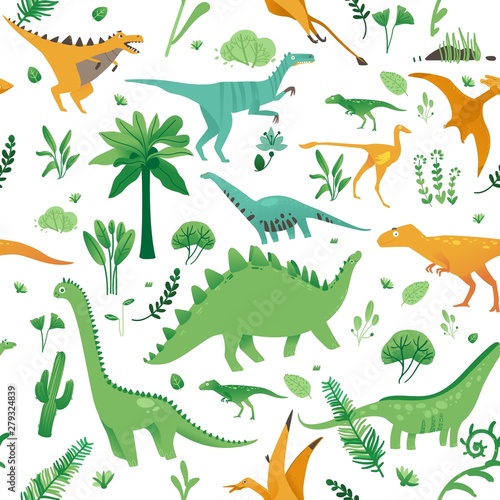 Seamless pattern with cute cartoon dinosaurs, plants and in flat style.