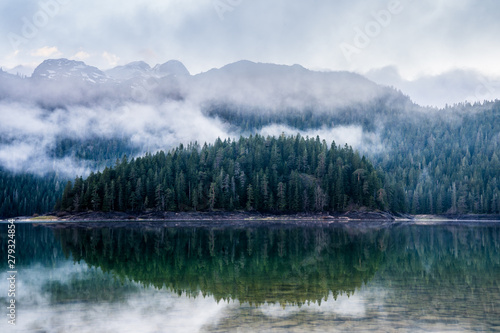 Montenegro, Trees of durmitor conifer forest nature landscape reflected in glassy silent water of black lake in national park near zabljak