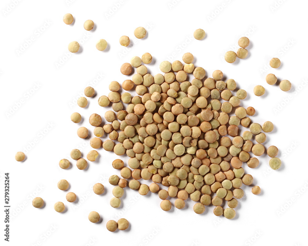 Green lentils pile isolated on white background, top view Green lentils pile isolated on white background, top view