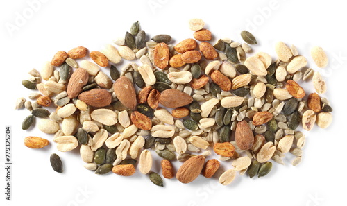 Healthy food mix of salted and spicy peanuts, sunflower and pumpkin seeds, almonds isolated on white background, top view