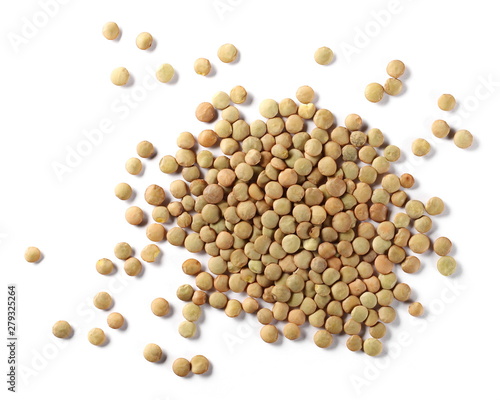 Green lentils pile isolated on white background, top view