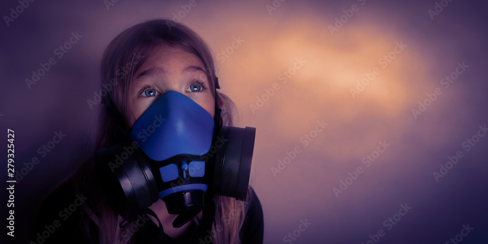 Young girl wearing gasmask, respirator portrait. Effects of worldwide air pollution, industrial influence on environment. Protection from dangerous air particles, gas, smog, transmitted diseases