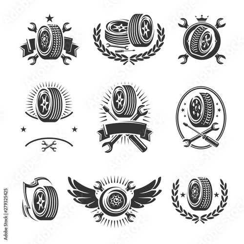 Car wheels labels and elements set. Collection icon wheels. Vector