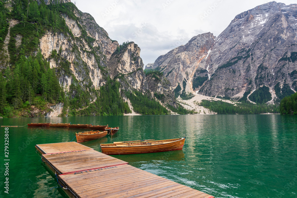 Fototapeta premium Lago di Braies, beautiful lake in the Dolomites.