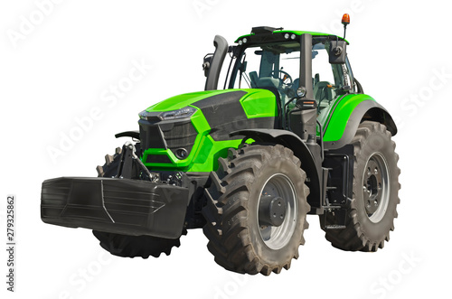 Big green agricultural tractor isolated on a white background