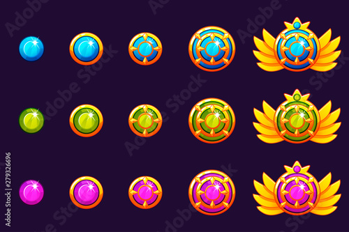 Gems award progress. Golden amulets set with round jewelry. Vector icons assets for game design on separate layers