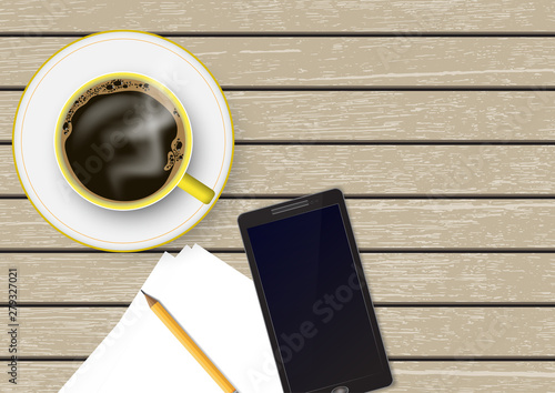 3d realistic coffee cup with paper note, pencil and smartphone on brown vintage wooden table, top view vector illustration