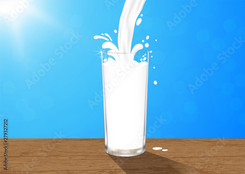 Pouring fresh milk into glass on wooden table vector  illustration 3d