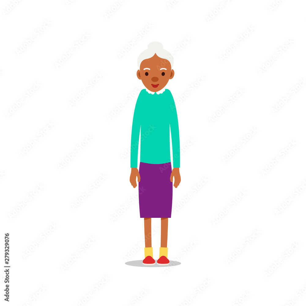 Modern african old women. Older black lady retired. Happy grandmother standing and smiling. Traditional retirement lifestyle. Cartoon illustration isolated on white background in flat style Modern african old women. Older black lady retired. Happy grandmother standing and smiling. Traditional retirement lifestyle. Cartoon illustration isolated on white background in flat style